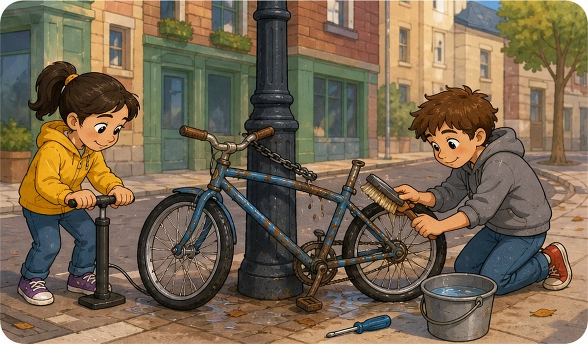 Marta e Iván arreglan la bicicleta