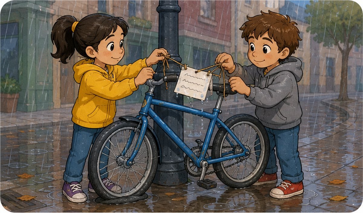Los hermanos atan un cartel al manillar