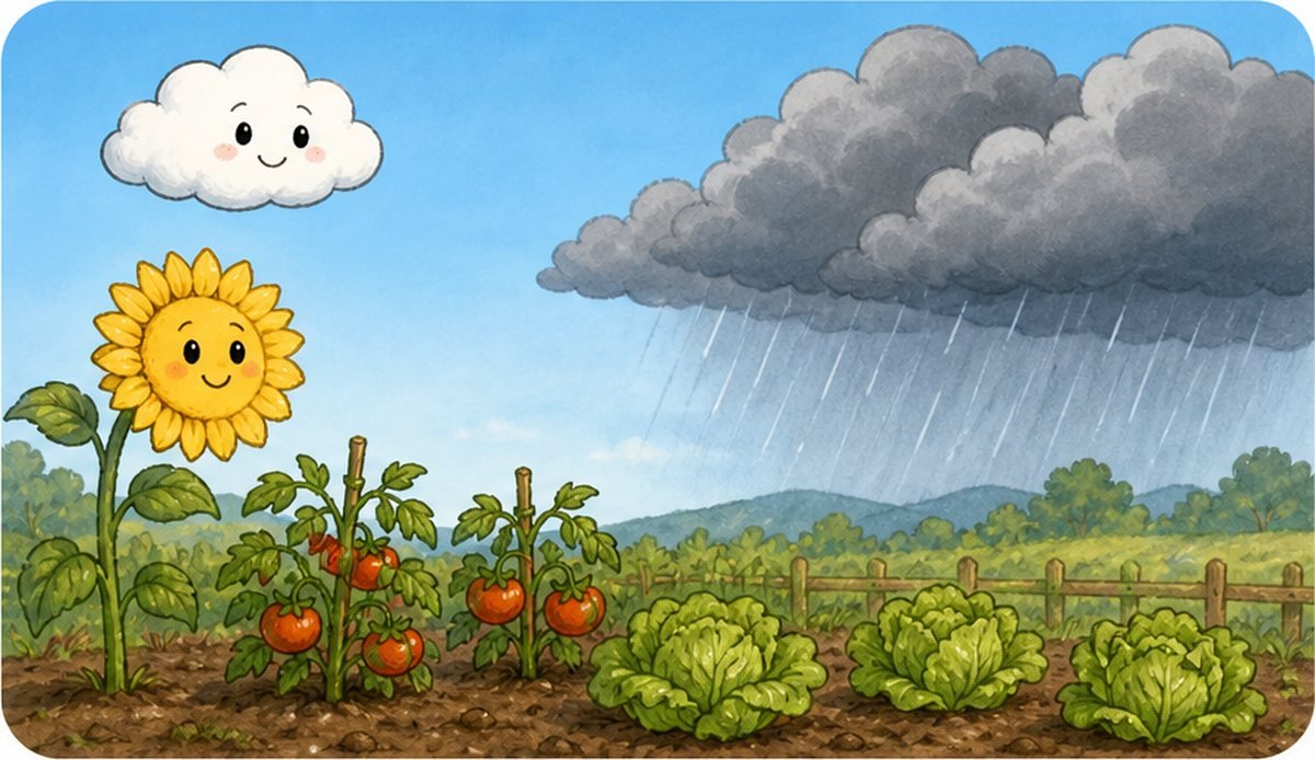 La nube pequeña sobre el huerto mientras las grandes llueven