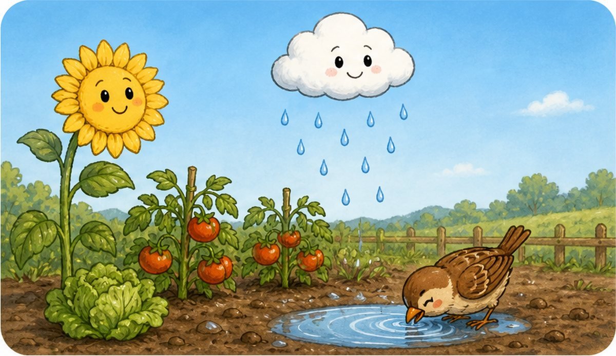 La nube llueve un poco y el pájaro bebe del charco