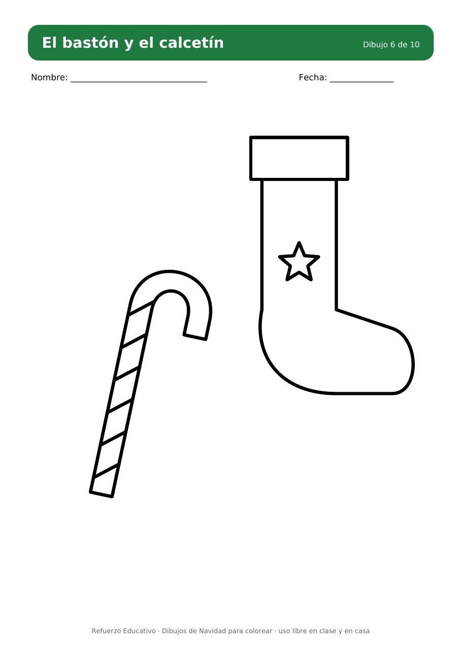 Dibujo de un bastón de caramelo y un calcetín navideño para colorear