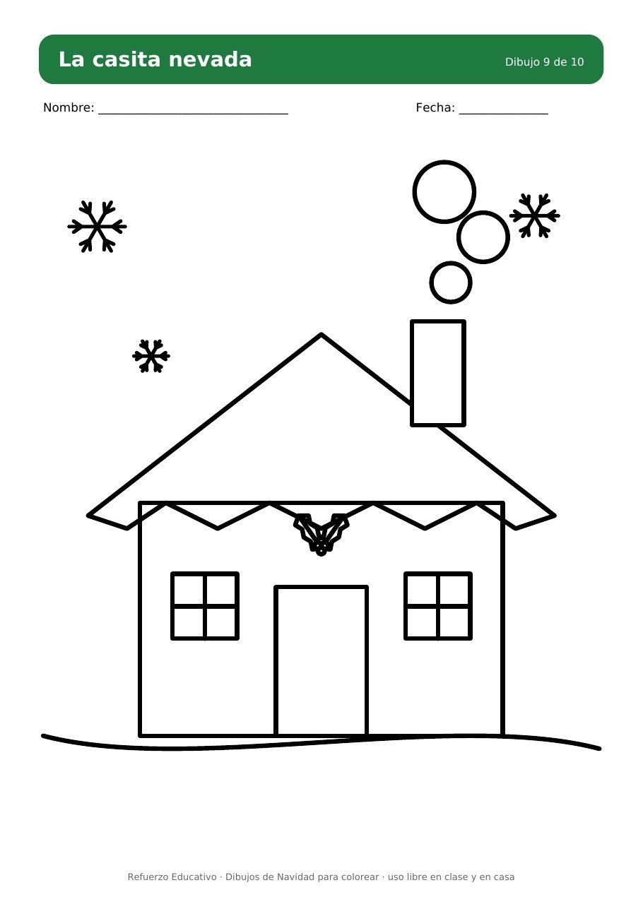 Dibujo de una casita con nieve y chimenea para colorear