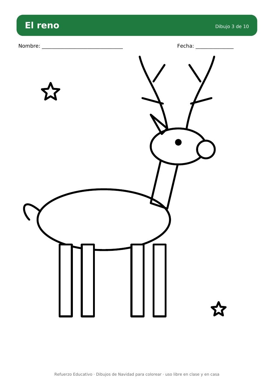 Dibujo de un reno con cornamenta para colorear en Navidad