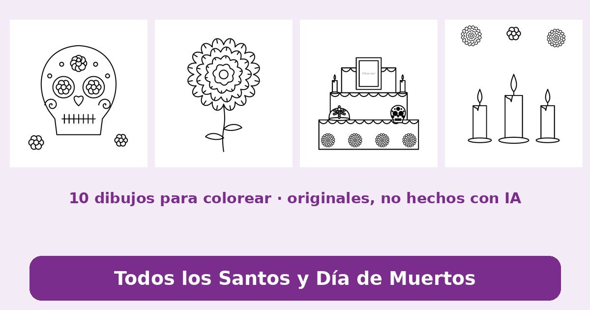 Portada de los dibujos de Todos los Santos y Día de Muertos para colorear: calavera, cempasúchil, ofrenda y velas
