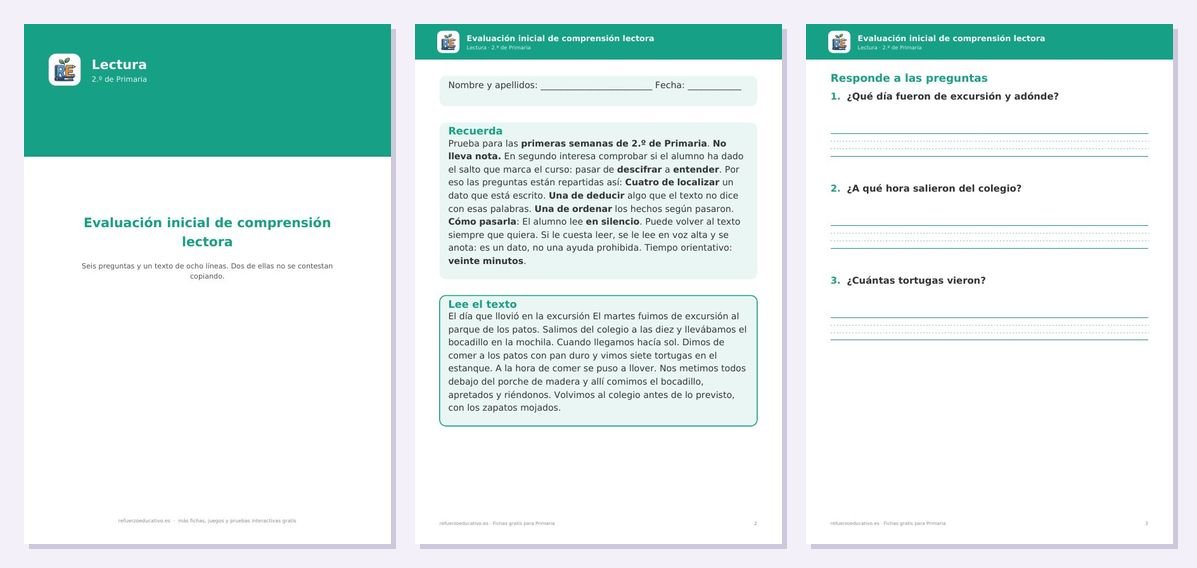 Vista previa de «Evaluación inicial de comprensión lectora — 2.º»: portada y dos páginas interiores del PDF