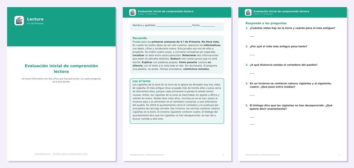 Vista previa de «Evaluación inicial de comprensión lectora — 4.º»: portada y dos páginas interiores del PDF