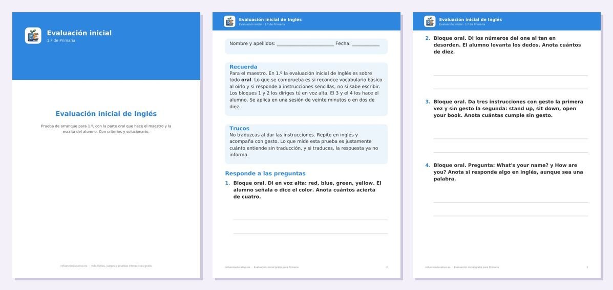 Vista previa de «Evaluación inicial de Inglés para 1.º de Primaria»: portada y dos páginas interiores del PDF