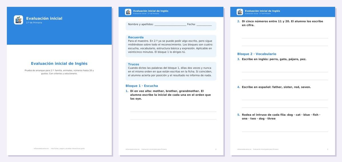 Vista previa de «Evaluación inicial de Inglés para 2.º de Primaria»: portada y dos páginas interiores del PDF