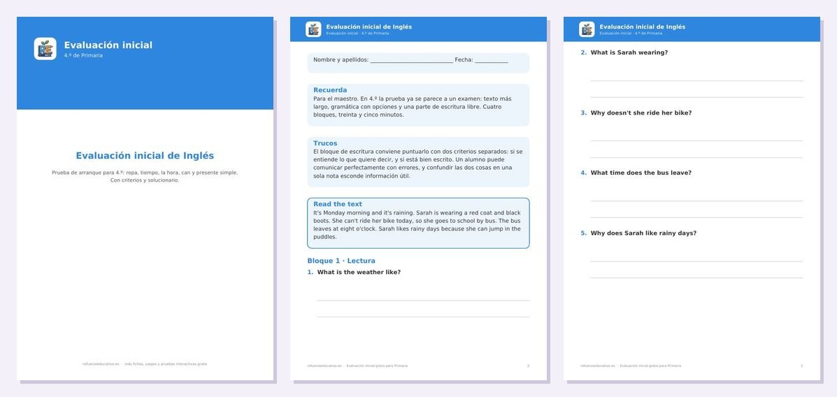 Vista previa de «Evaluación inicial de Inglés para 4.º de Primaria»: portada y dos páginas interiores del PDF