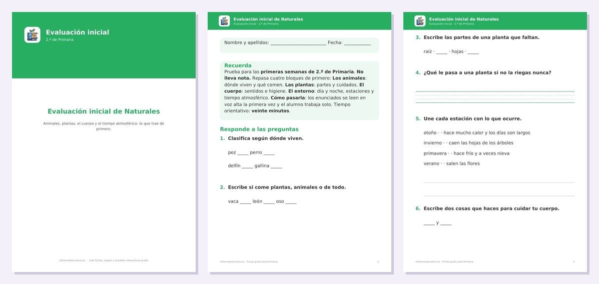 Vista previa de «Evaluación inicial de Naturales — 2.º Primaria»: portada y dos páginas interiores del PDF