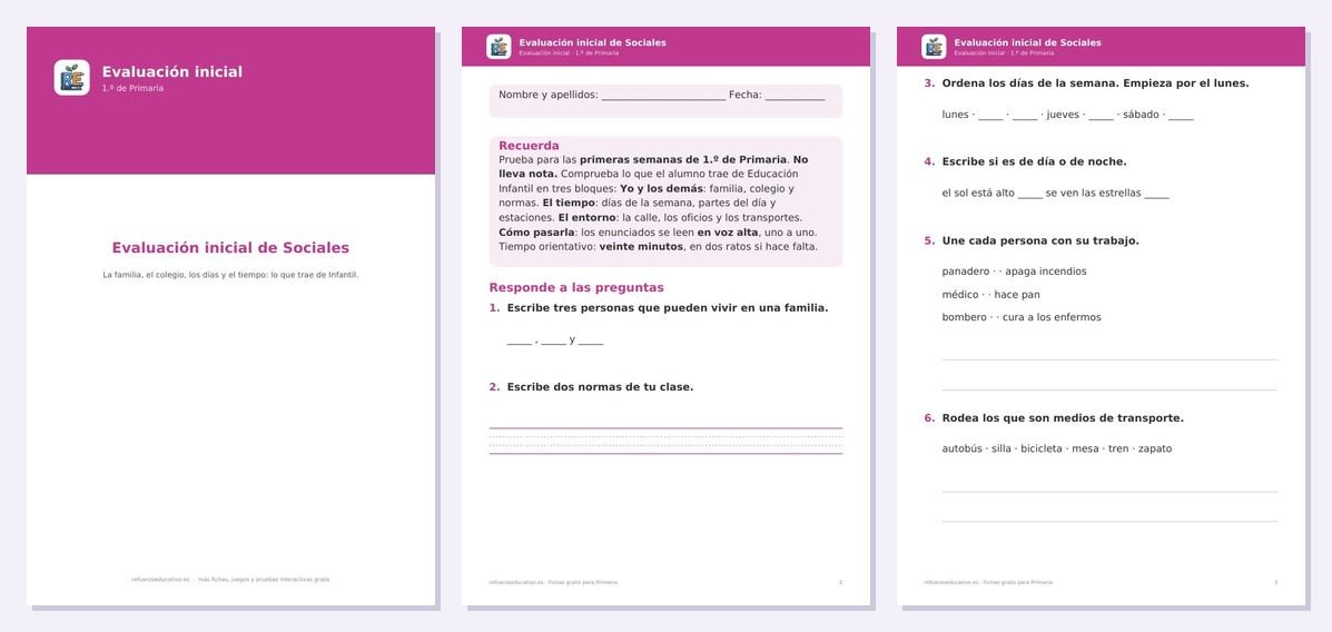 Vista previa de «Evaluación inicial de Sociales — 1.º Primaria»: portada y dos páginas interiores del PDF