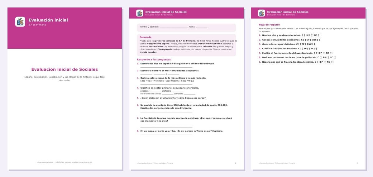 Vista previa de «Evaluación inicial de Sociales — 5.º Primaria»: portada y dos páginas interiores del PDF