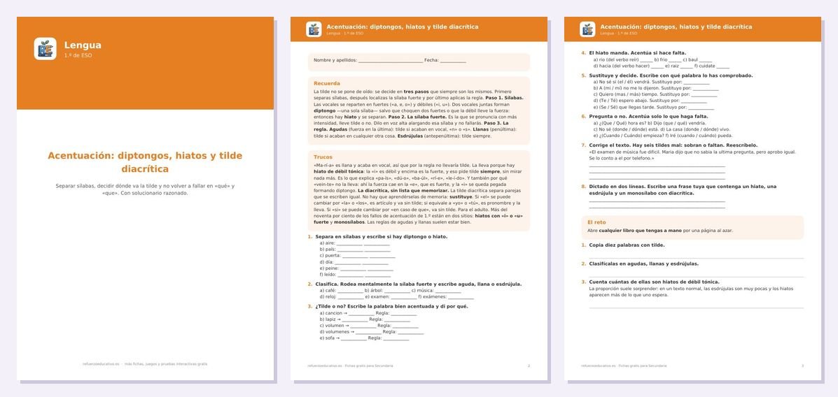 Vista previa de «Acentuación en 1.º de ESO: diptongos, hiatos y tilde diacrítica»: portada y dos páginas interiores del PDF