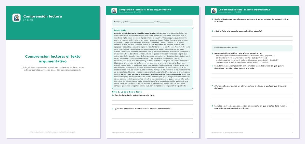 Vista previa de «Comprensión lectora de 2.º de ESO: el texto argumentativo»: portada y dos páginas interiores del PDF