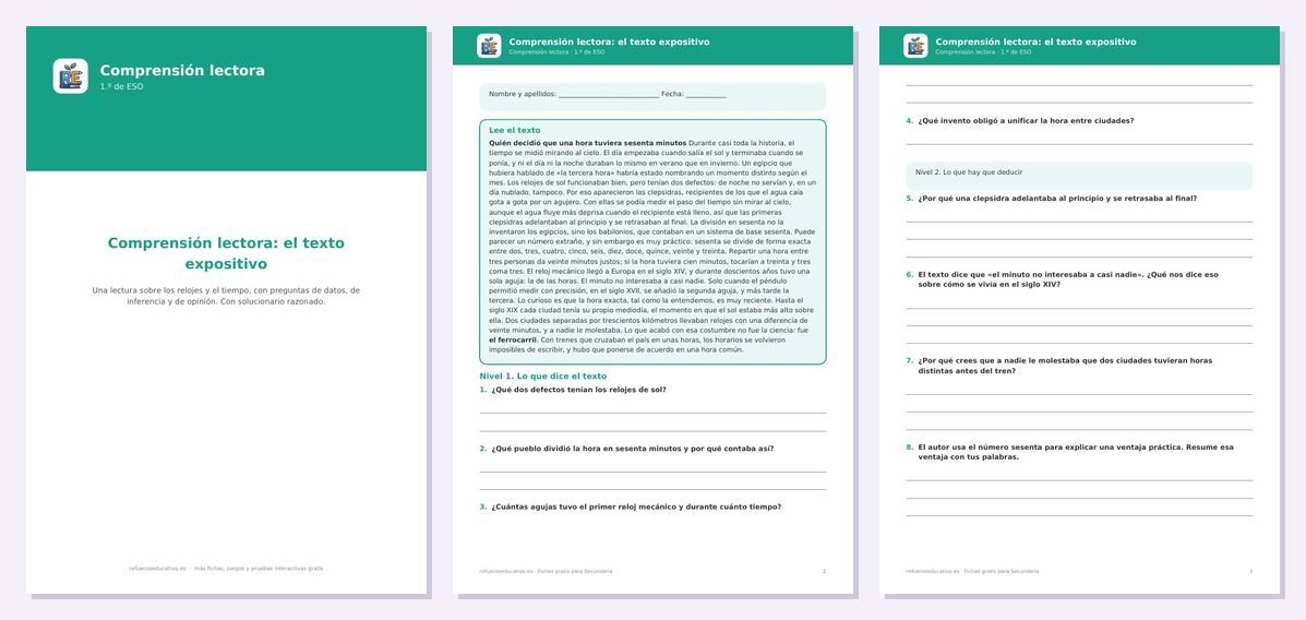 Vista previa de «Comprensión lectora de 1.º de ESO: el texto expositivo»: portada y dos páginas interiores del PDF