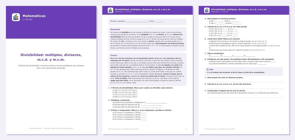 Vista previa de «Divisibilidad en 1.º de ESO: múltiplos, divisores, m.c.d. y m.c.m.»: portada y dos páginas interiores del PDF