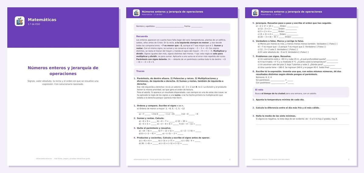 Vista previa de «Números enteros y jerarquía de operaciones: fichas de 1.º de ESO»: portada y dos páginas interiores del PDF