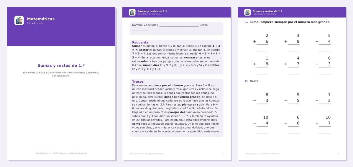Vista previa de «Sumas y restas para 1º de Primaria: fichas gratis en PDF»: portada y dos páginas interiores del PDF