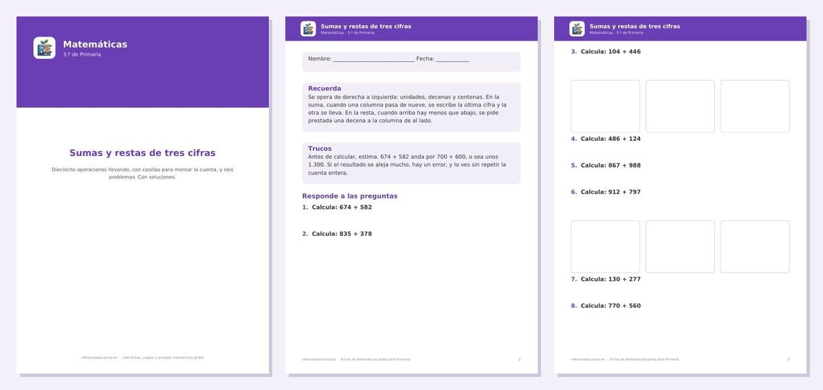 Vista previa de «Sumas y restas para 3º de Primaria: fichas gratis en PDF»: portada y dos páginas interiores del PDF
