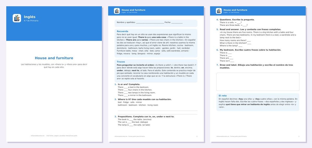Vista previa de «La casa y los muebles en inglés (house and furniture) — Ficha 4.º Primaria»: portada y dos páginas interiores del PDF