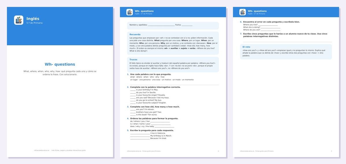 Vista previa de «Las preguntas con wh- en inglés (wh- questions) — Ficha 5.º Primaria»: portada y dos páginas interiores del PDF