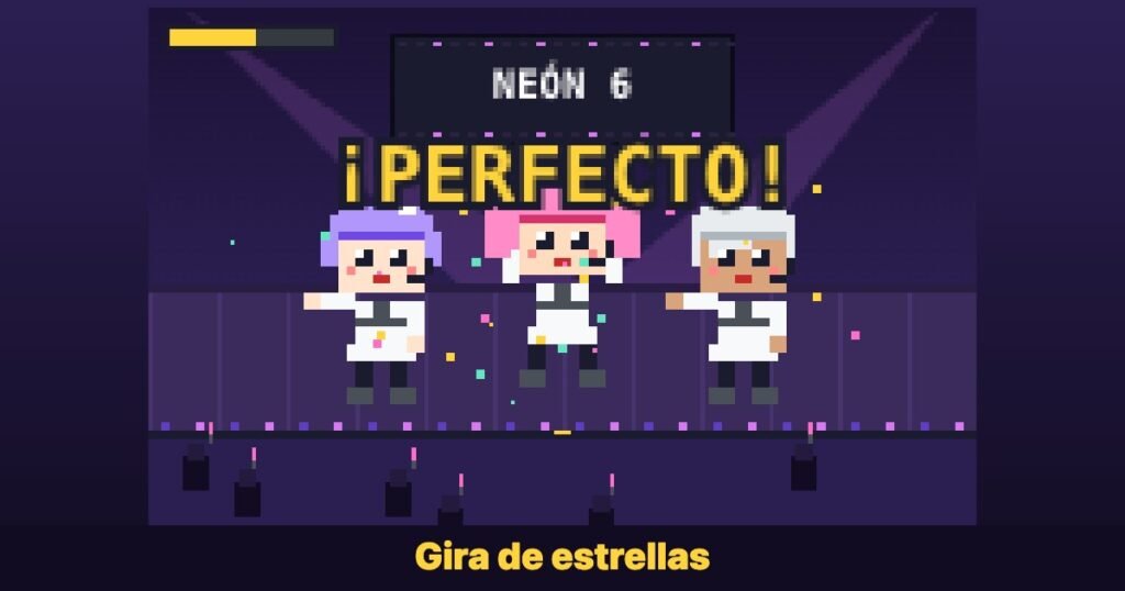 Gira de estrellas: tres idols pixel bailan en el escenario mientras sale el cartel «¡PERFECTO!»