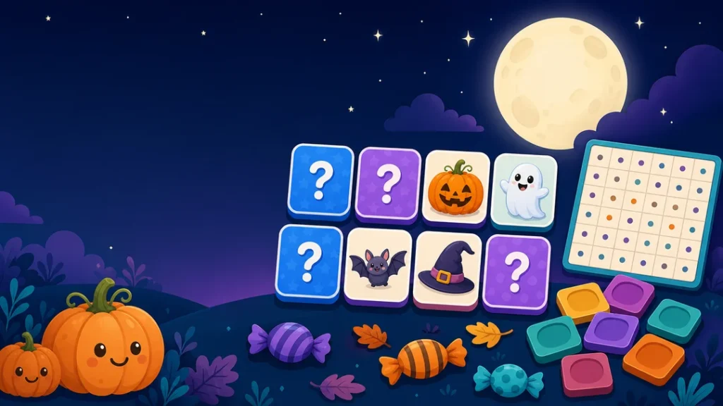Ilustración de Halloween con cartas de parejas, calabazas sonrientes, un fantasma y una sopa de letras bajo la luna