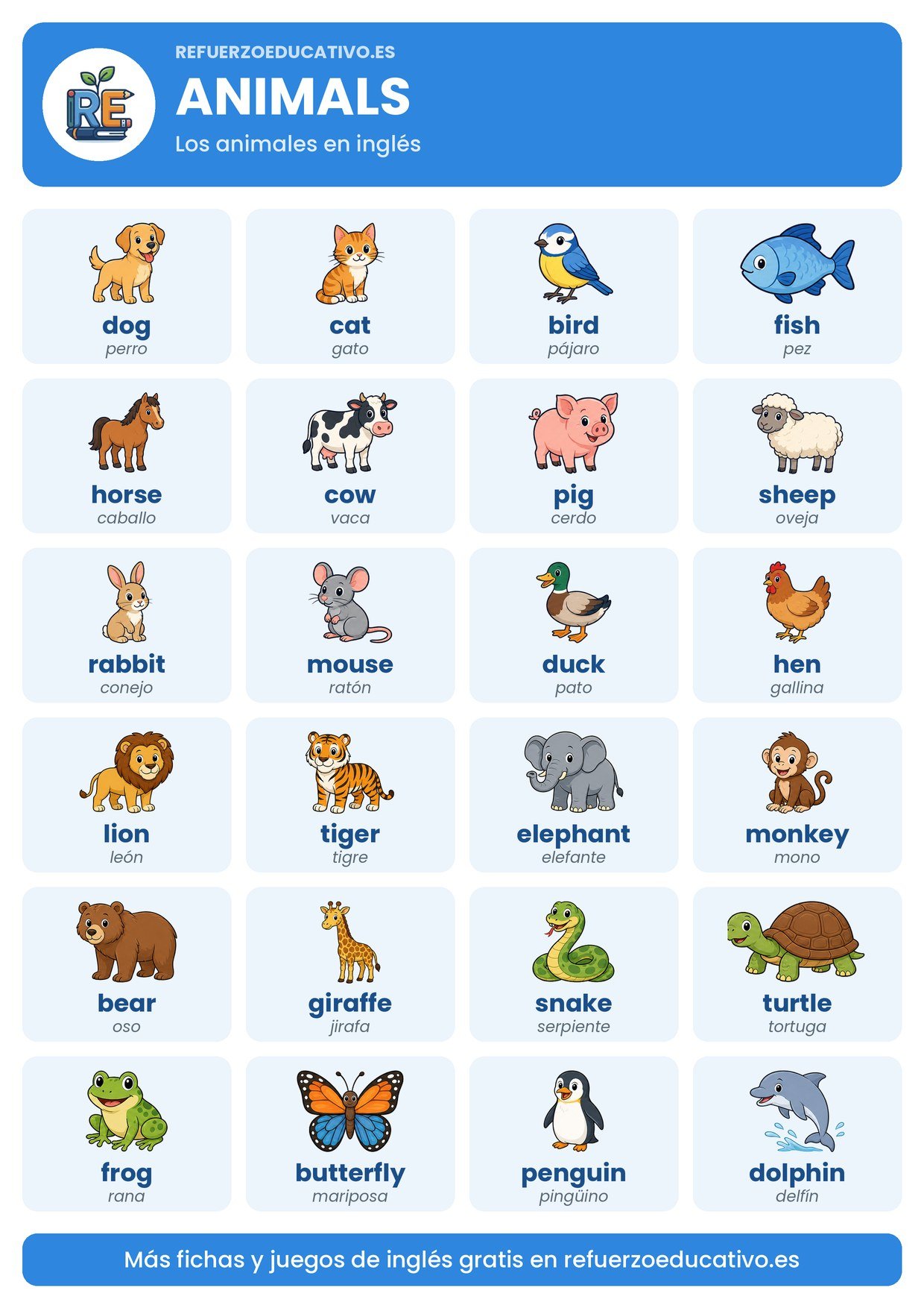 Lámina Animals: 24 animales en inglés con dibujo y traducción