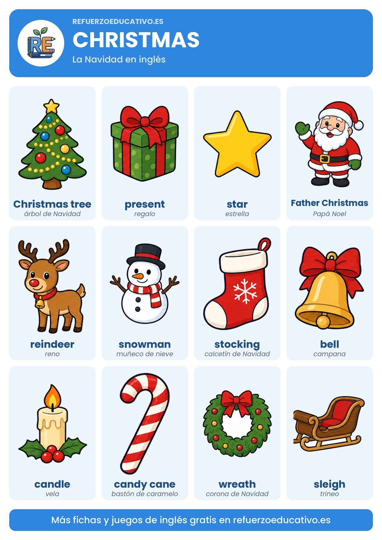 Lámina Christmas: el vocabulario de Navidad en inglés con dibujo y traducción