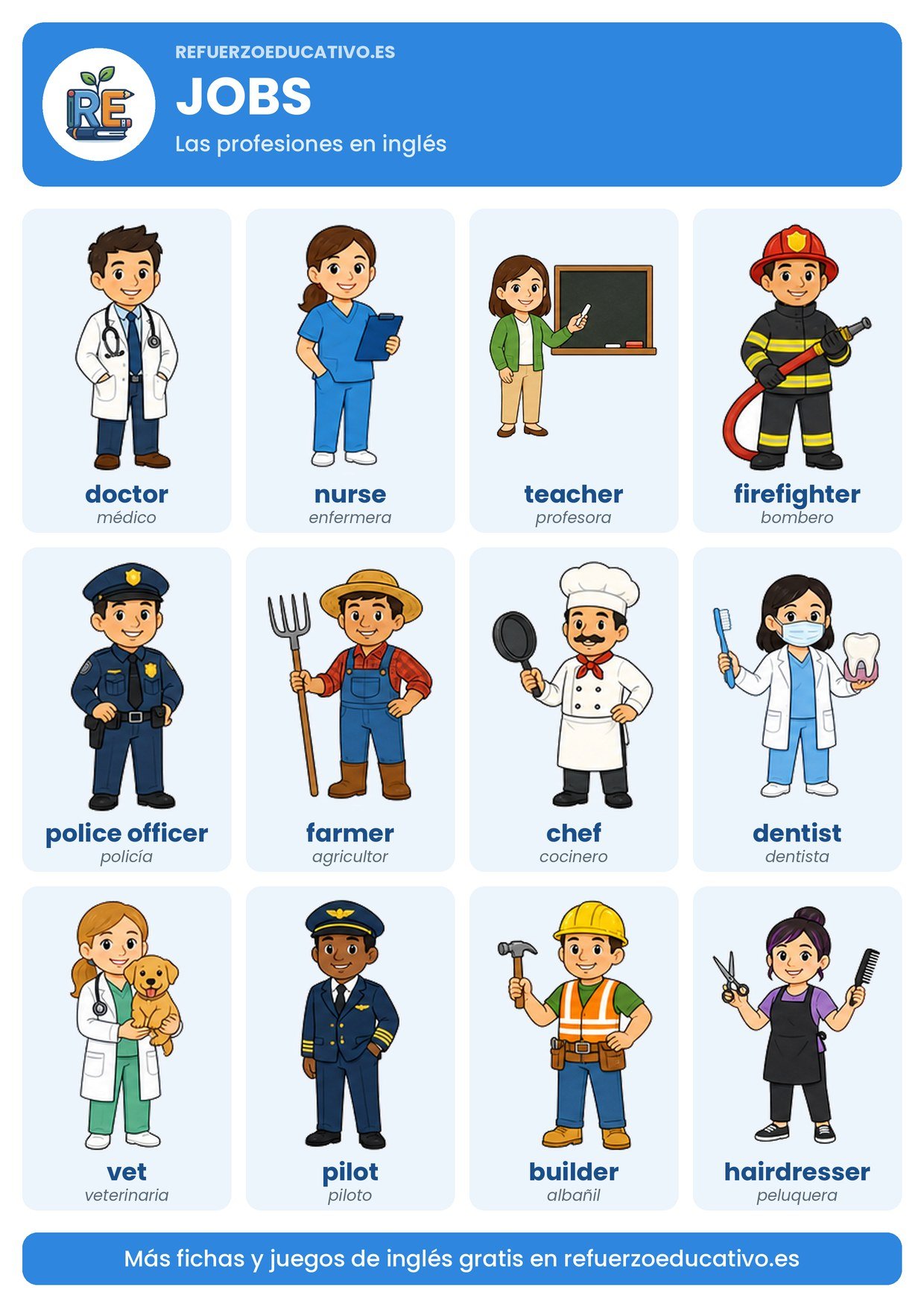 Lámina Jobs: las profesiones en inglés con dibujo y traducción