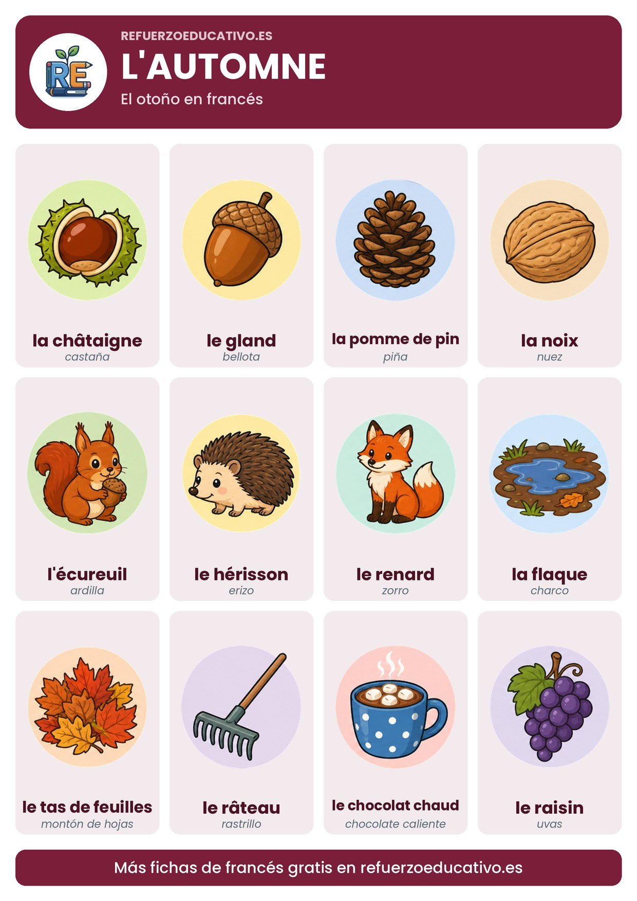 Lámina L'automne: 12 palabras del otoño en francés con dibujo