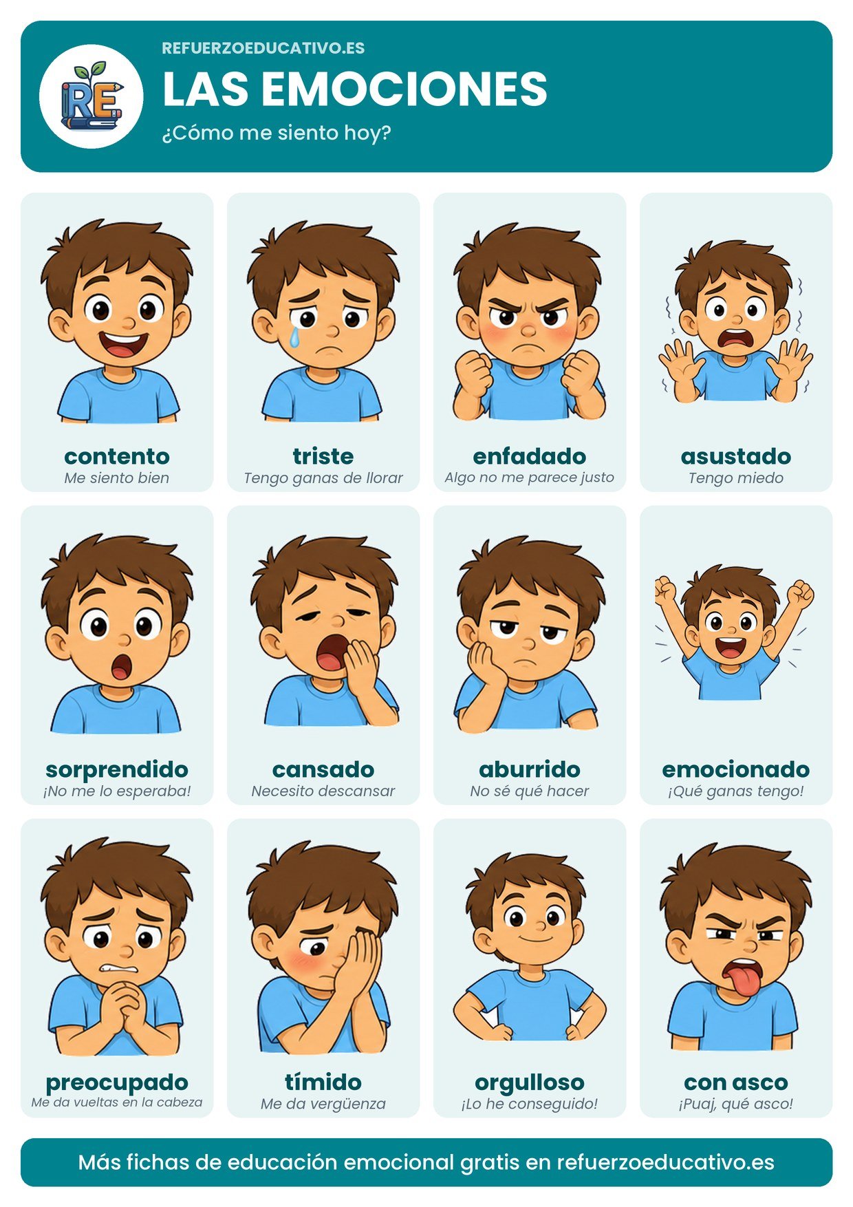 Lámina Las emociones: 12 caras con el nombre de cada emoción y una frase