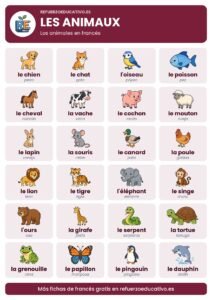Lámina Les animaux: los animales en francés con dibujos