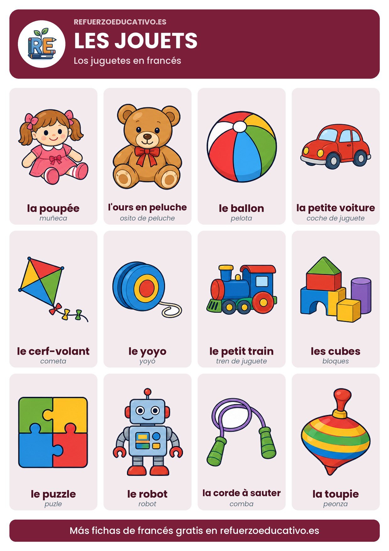 Lámina Les jouets en francés