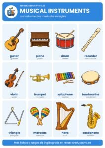 Lámina Musical instruments: los instrumentos musicales en inglés con dibujos