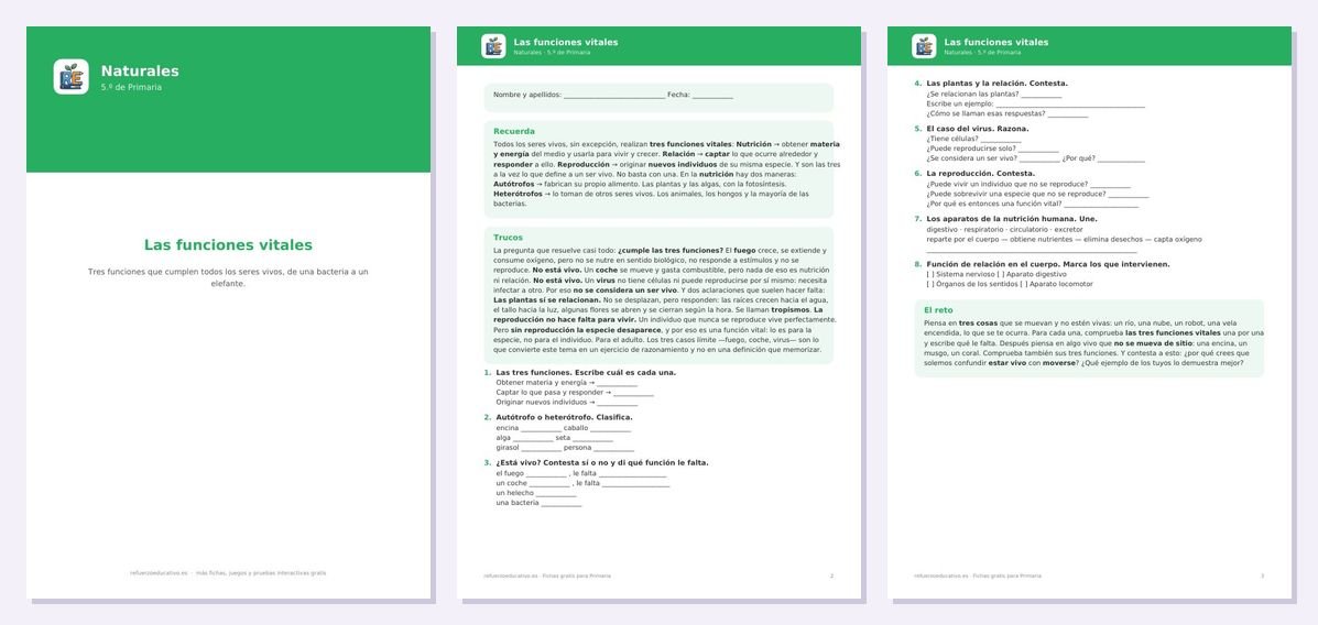 Vista previa de «Las funciones vitales para 5º de Primaria»: portada y dos páginas interiores del PDF