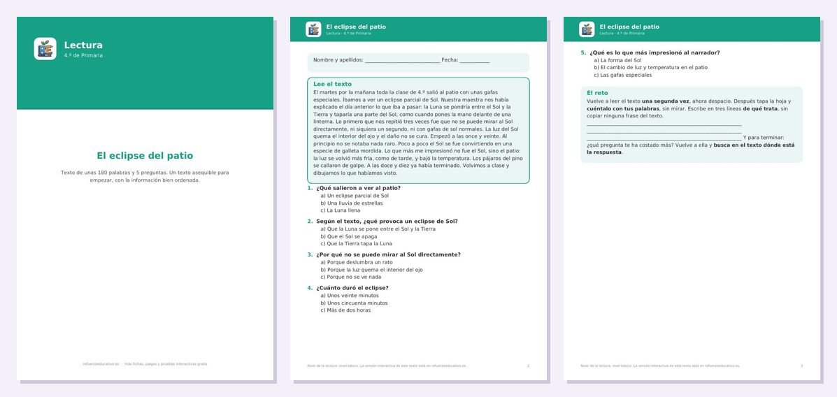 Vista previa de ««El eclipse del patio» — Lectura comprensiva 4.º (básico)»: portada y dos páginas interiores del PDF