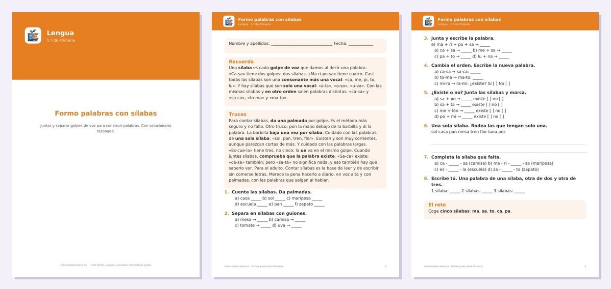 Vista previa de «Formo palabras con sílabas — Lengua 1.º Primaria»: portada y dos páginas interiores del PDF