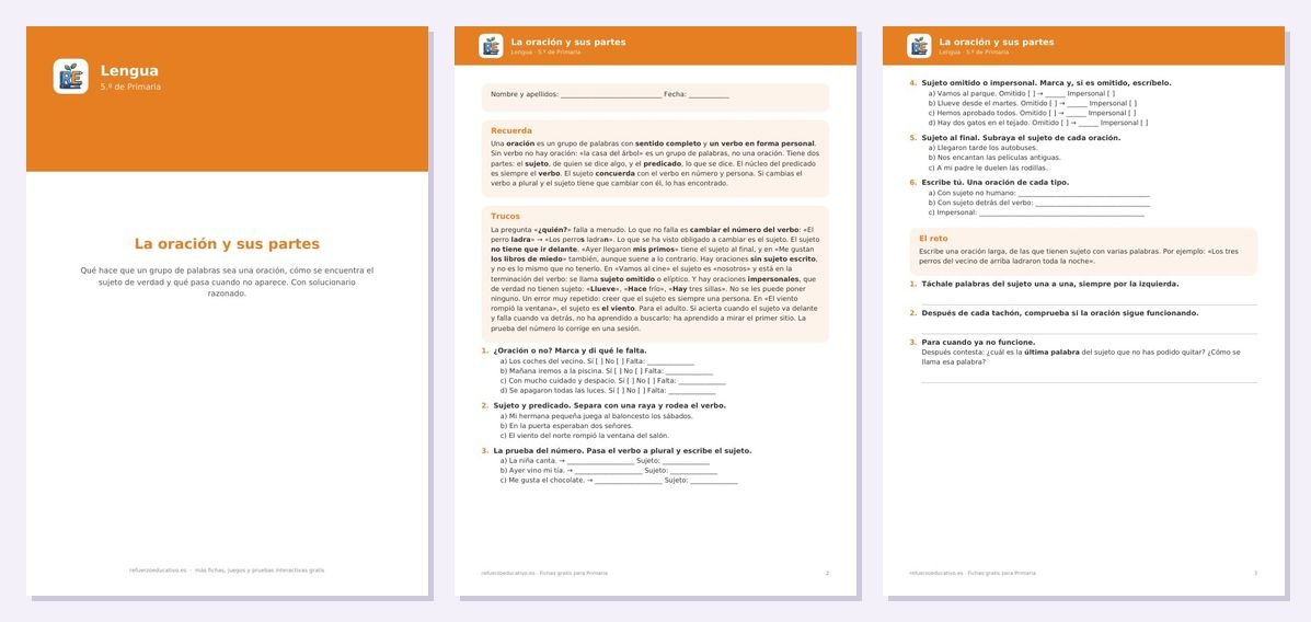 Vista previa de «La oración y sus partes — Lengua 5.º Primaria»: portada y dos páginas interiores del PDF