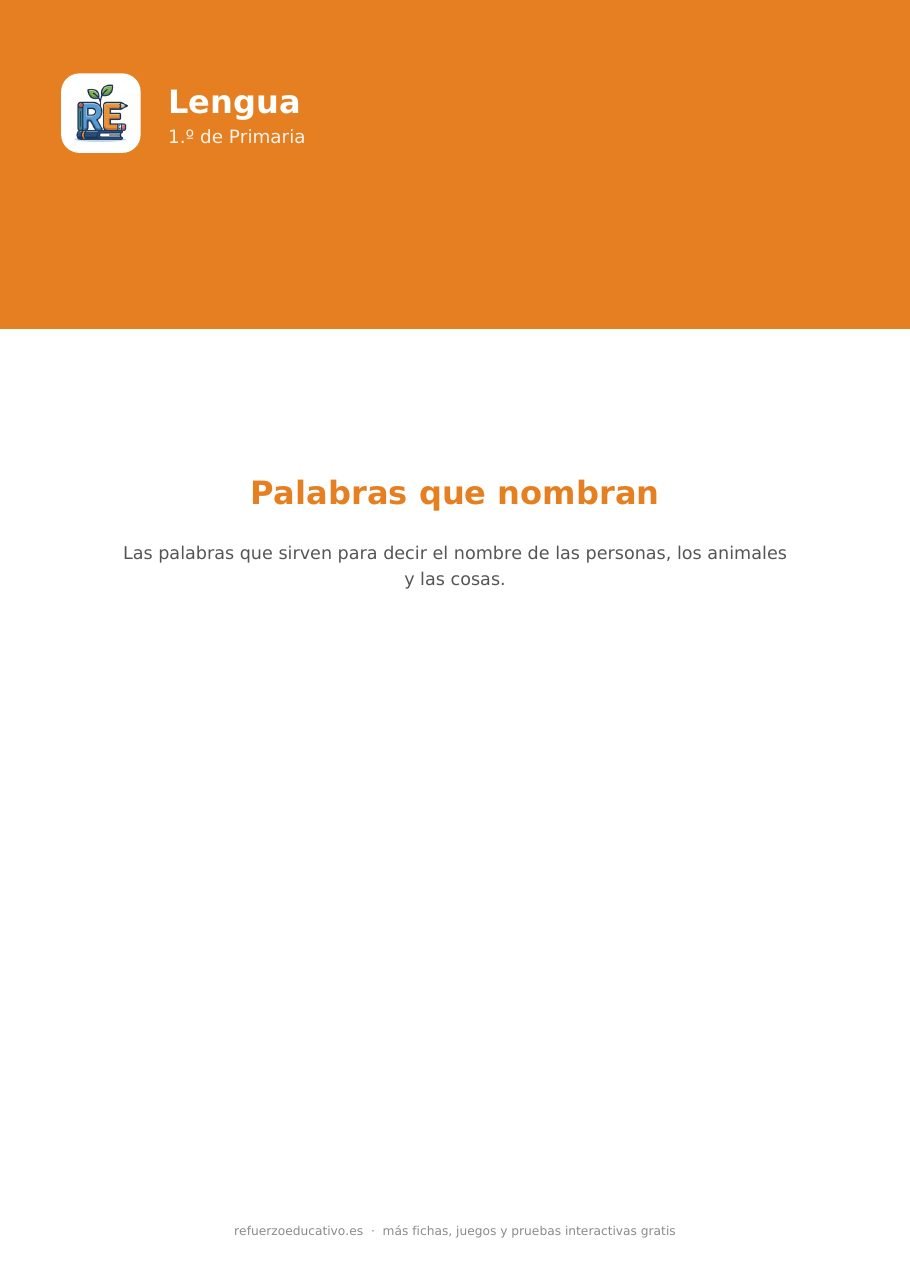Portada de la ficha en PDF «Palabras que nombran personas, animales y cosas» para 1.º de Primaria