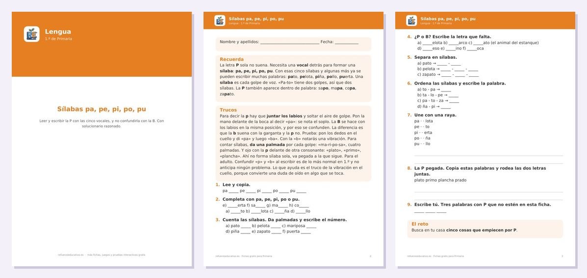 Vista previa de «Las sílabas pa, pe, pi, po, pu — Lengua 1.º Primaria»: portada y dos páginas interiores del PDF