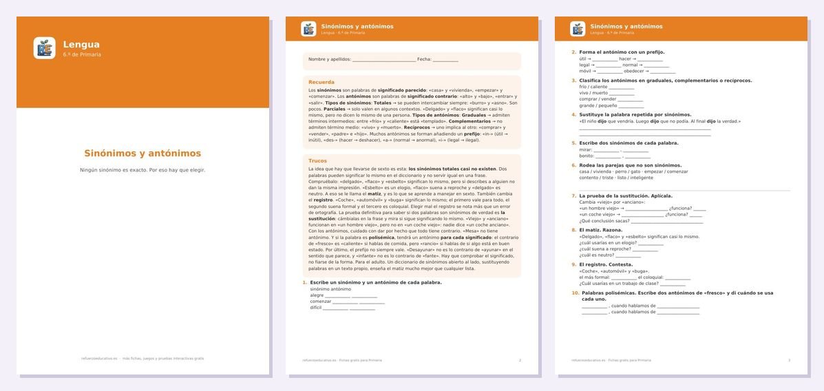 Vista previa de «Sinónimos y antónimos — Lengua 6.º Primaria»: portada y dos páginas interiores del PDF