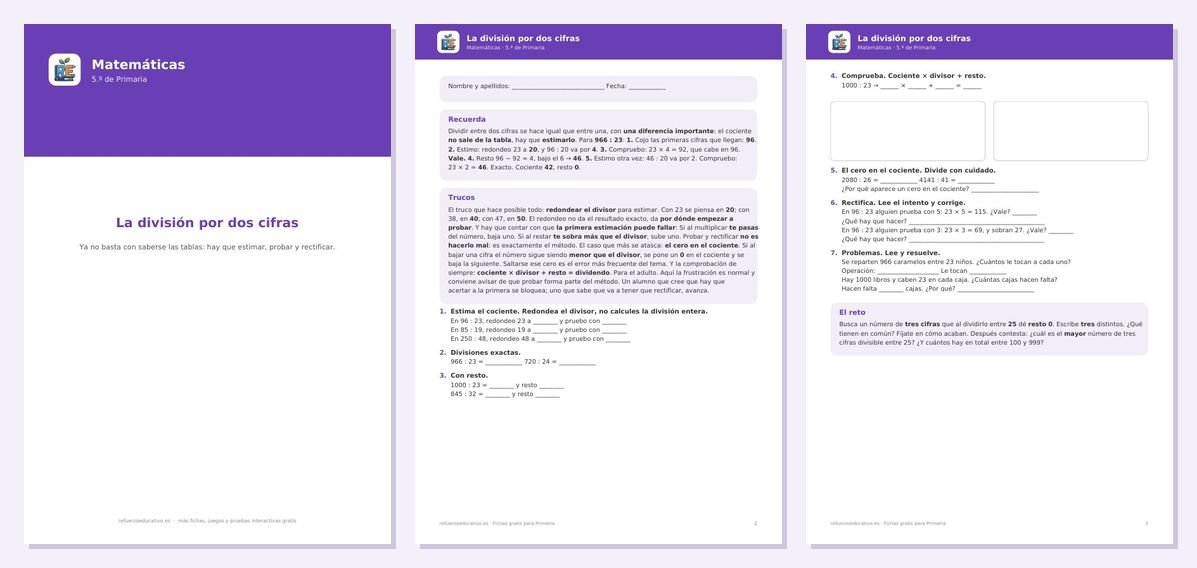 Vista previa de «La división por dos cifras — Matemáticas 5.º Primaria»: portada y dos páginas interiores del PDF