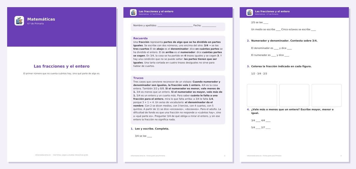 Vista previa de «Las fracciones y el entero — Matemáticas 4.º Primaria»: portada y dos páginas interiores del PDF