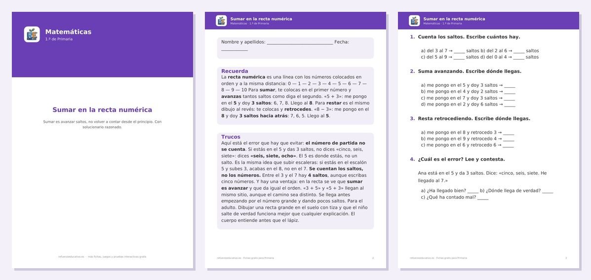 Vista previa de «Sumar en la recta numérica — Matemáticas 1.º Primaria»: portada y dos páginas interiores del PDF