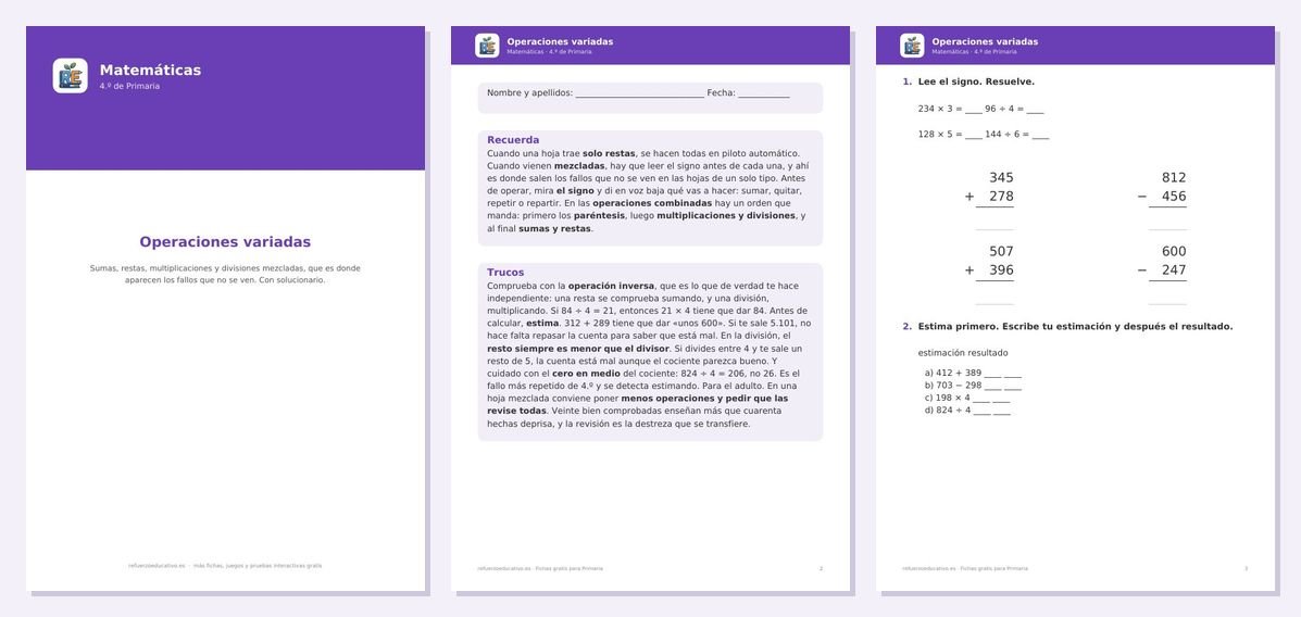 Vista previa de «Operaciones variadas para 4º de Primaria en PDF»: portada y dos páginas interiores del PDF