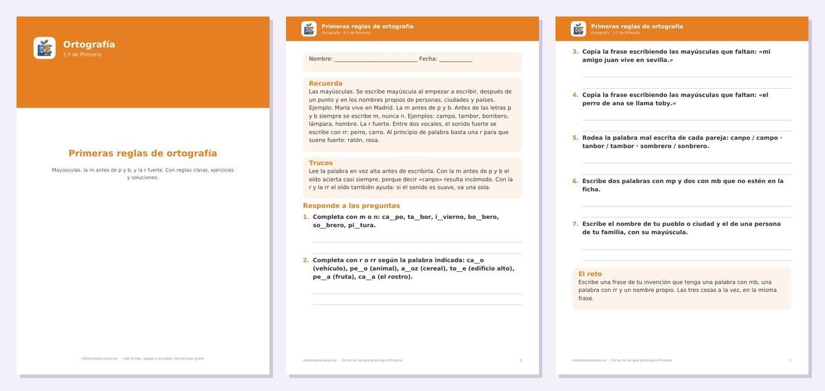 Vista previa de «Ortografía para 2.º de Primaria: reglas y ejercicios (con soluciones)»: portada y dos páginas interiores del PDF