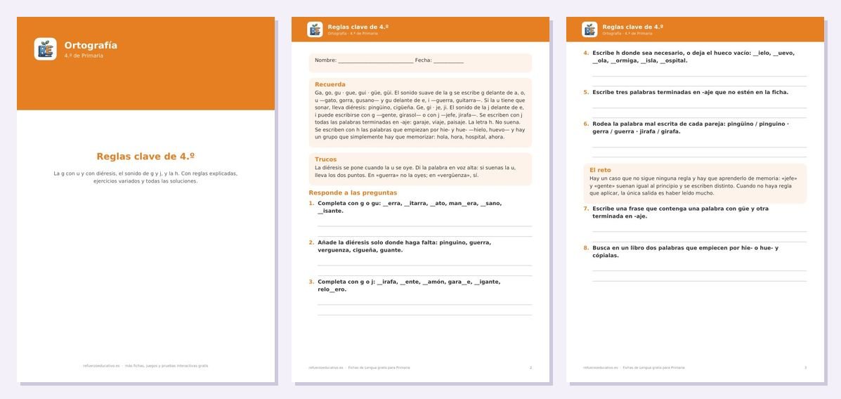 Vista previa de «Ortografía para 4.º de Primaria: reglas y ejercicios (con soluciones)»: portada y dos páginas interiores del PDF