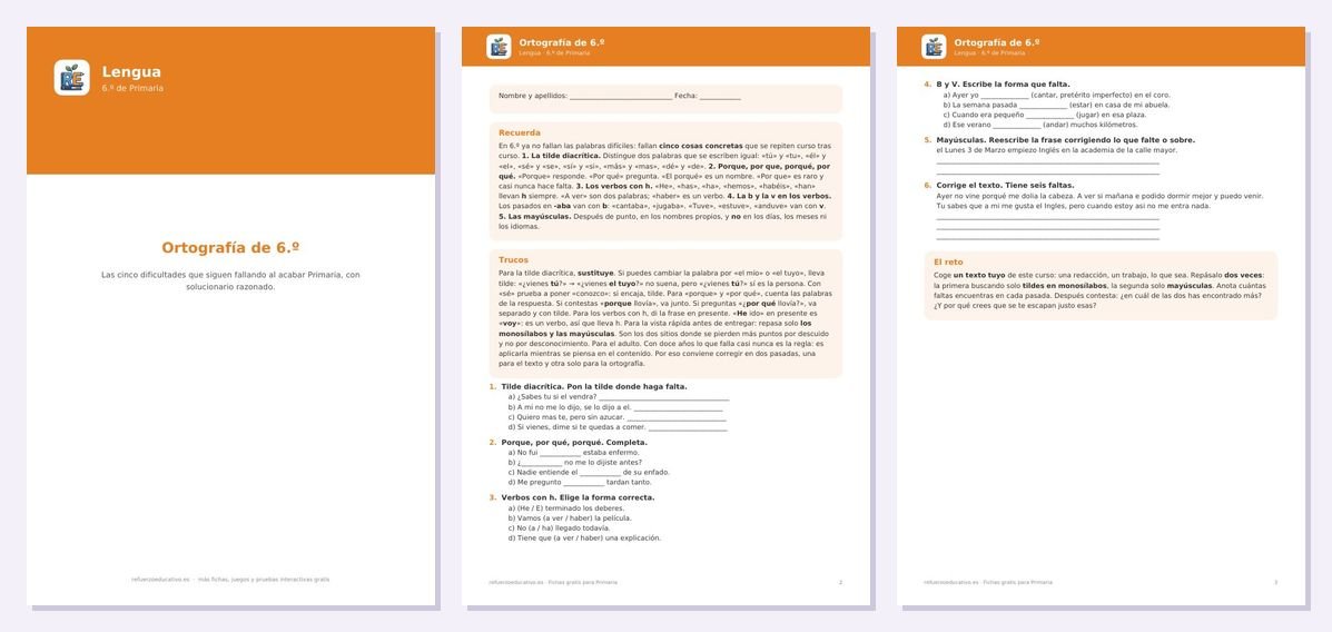 Vista previa de «Ortografía para 6.º de Primaria: reglas y ejercicios (con soluciones)»: portada y dos páginas interiores del PDF