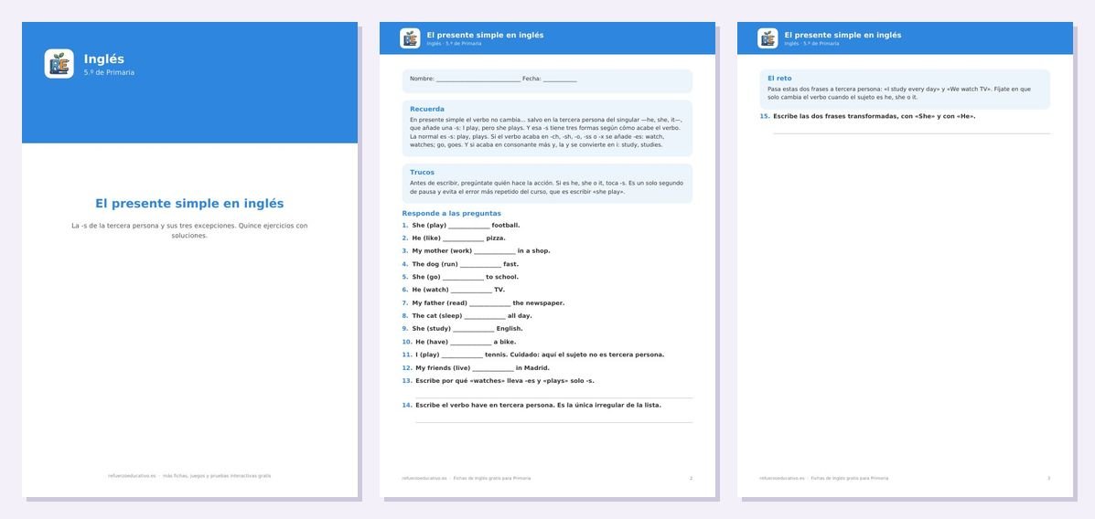 Vista previa de «El presente simple en inglés para 5º de Primaria»: portada y dos páginas interiores del PDF